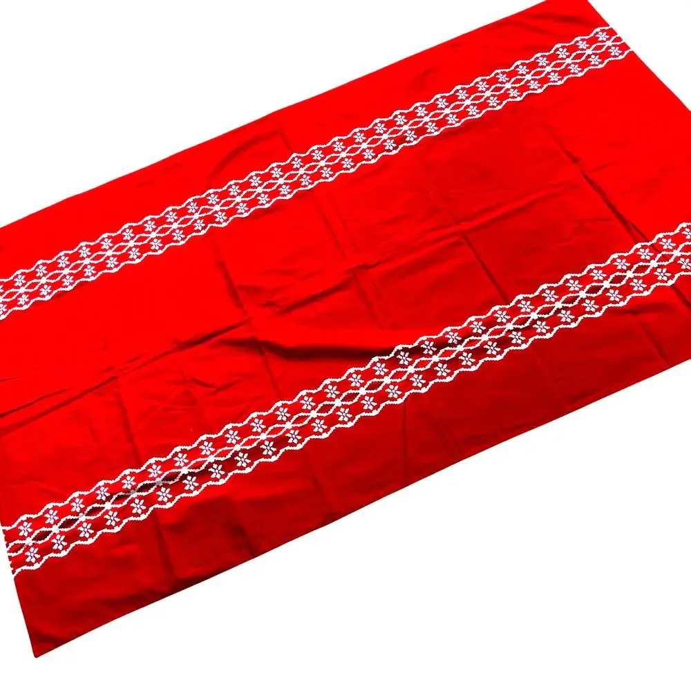 Vintage 60's printed cotton tablecloth red & white geometric print rectangle